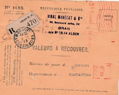 Valeur à Recouvrer : Oran Pour  Mondovi Devant De Lettre - Briefe U. Dokumente