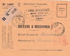 Valeur à Recouvrer : Oran Pour  Mondovi Devant De Lettre - Lettres & Documents