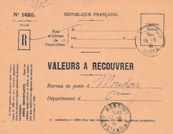 Valeur à Recouvrer :  Pour  Mondovi Devant De Lettre - Briefe U. Dokumente