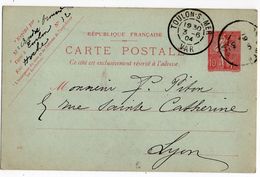 Entier Postal Semeuse Lignée --1904---n° 129 CP ( 409 ) --TOULON - 83  Pour Lyon-69--cachets - Standaardpostkaarten En TSC (Voor 1995)
