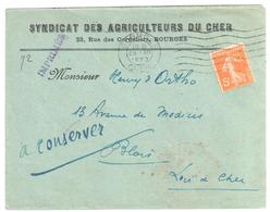 BOURGES Cher Lettre Entête Syndicat Agriculteur R Cordeliers IMPRIME 5c Semeuse Yv 158 Ob Meca 28 12 1923 - Cartas & Documentos