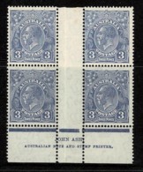 Australia 1932 King George V 3d Blue CofA Wmk Ash Imprint Block Of 4 MH/MNH - Ungebraucht