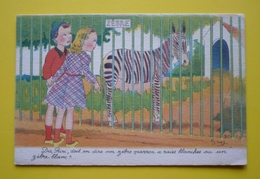 Très Belle Carte  Illustrateur SIM  - ZEBRE  Et COUPLE ENFANTS - Sim