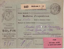 HAUT RHIN , TARN ET GARONNE - MULHOUSE , ETABLISSEMENT SOLFIN , BULLETIN D' EXPEDITION COLIS POUR TOULOUSE - 1932 - Cartas