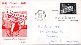 CANADA. N°302 Sur Enveloppe 1er Jour (FDC) De 1958. Presse Libre Canadienne. - 1952-1960