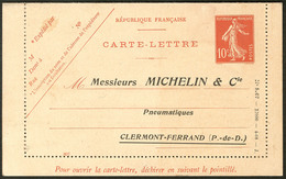 Lettre ENTIERS POSTAUX. Semeuse. Storch N°E9a1, Repiquage "Michelin & Cie", Neuve. - TB - Autres & Non Classés