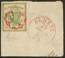 Genève. Découpure D'enveloppe. No 4, Obl Rosette Sur Fragment Avec Cad Rouge Genève 25 Janv 50, Très Jolie Pièce. - TB.  - Autres & Non Classés