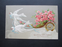 Deutsches Reich 1910 Reliefkarte Herzlichen Glückwunsch Zum Geburtstag Tauben Ziehen Eine Karren Mit Blumen - Birthday