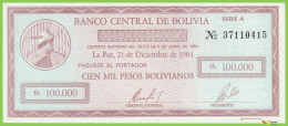 Voyo BOLIVIA 100.000 Pesos Bolivianos 1984 P188 A UNC Mercury - Bolivia