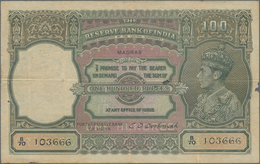 India / Indien: 100 Rupees ND(1943) Portrait KGIV P. 20o, MADRAS Issue, Used With Folds And Pinholes - Inde