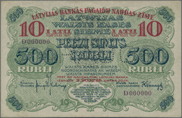 Latvia / Lettland: Latvijas Banka 10 Latu Overprint On 500 Rubli 1920 Front SPECIMEN, P.13s1 With Pe - Lettland