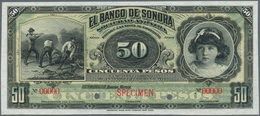 Mexico: El Banco De Sonora 50 Pesos 1899-1911 SPECIMEN, P.S422s, Punch Hole Cancellation And Red Ove - Mexique