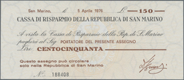 San Marino: Cassa Di Risparmio Della Repubblica Di San Marino 150 And 200 Lire 1976 Check Issue, P.S - San Marino
