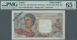 Tahiti: Banque De L'Indochine – Papeete 20 Francs ND(1951-63) SPECIMEN, P.21s With Perforation "Spec - Other - Oceania