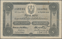 Thailand: Government Of Siam 1 Tical 1921, P.14, Still Nice With A Few Stronger Folds, Some Tiny Pin - Thaïlande