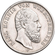 Württemberg: Karl 1864-1891: Lot 2 Münzen: 2 Mark 1876, Randschäden / Fassungsspuren, Schön; 1888, S - Taler En Doppeltaler