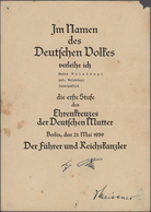 Orden & Ehrenzeichen: IM NAMEN DES DEUTSCHEN VOLKES: Original Verleihungsurkunde Von 21. Mai 1939 Zu - Autres & Non Classés