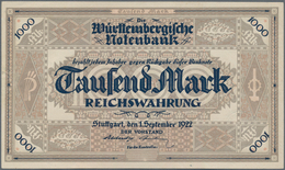 Deutschland - Länderscheine: Württemberg, Württembergische Notenbank, 1000 Mark, 1.9.1922, Ohne Kont - Andere & Zonder Classificatie