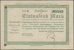 Deutschland - Notgeld - Württemberg: Stuttgart, Schwäb. Hüttenwerke GmbH, 1000 Mark, 15.10.1922, Rei - Lokale Ausgaben