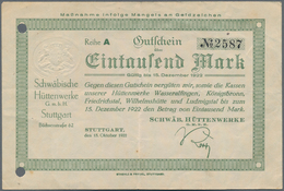 Deutschland - Notgeld - Württemberg: Stuttgart, Schwäb. Hüttenwerke GmbH, 1000 Mark, 15.10.1922, Rei - [11] Local Banknote Issues