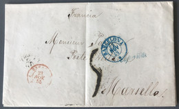 Espagne, Lettre De Barcelone Pour Marseille 1855, Taxe 5 + Ambulant Rouge - (B1795) - Other & Unclassified