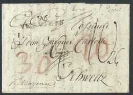 L 1805 96/VERVIERS + Diverses Bonifications Pour La Suisse + Au Dos Griffe AIX LA CHAPELLE En Rouge RR - 1794-1814 (Période Française)