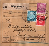 ! 1934 Paketkarte Deutsches Reich, Sachsenberg Im Vogtland Nach Hartmannsdorf - Cartas