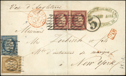 O N°110 - 10c. Bistre-jaune + 25c. Bleu + Paire Du 1F. Carmin, Obl. Grille Sans Fin S/lettre Frappée Du CàD Rouge PARIS  - 1849-1850 Ceres