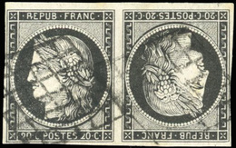 O N°3e - 20c. Noir Sur Blanc. Paire Tête-Bêche. Obl. Grille. TB. - 1849-1850 Cérès