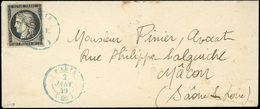 O N°3a - 20c. Noir Sur Blanc. Obl. Sur Lettre Frappée Du CàD Bleu Du 2 JANVIER 1849 à Destination De MACON. Arrivée Le 3 - 1849-1850 Cérès