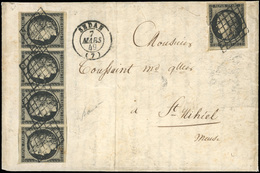 O N°3 - 20c. Noir, Bande De 4 + 1 Unité (déf.), Obl. Grille S/lettre Frappée Du CàD De SEDAN Du 7 Mars 1849 à Destinatio - 1849-1850 Cérès