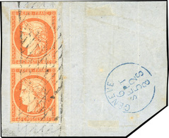 O N°5 - 40c. Orange. Paire. Obl. Grille Sans Fin Sur Fragment Frappé Du CàD De GENEVE Du 6 SEPTEMBRE 1852. SUP. - 1849-1850 Cérès