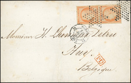 O N°5 - 40c. Orange. Paire. Obl. Sur Lettre Frappée Sur CàD De PARIS Du 10 MAI 1853 à Destination De HUY-BELGIQUE. Arriv - 1849-1850 Ceres