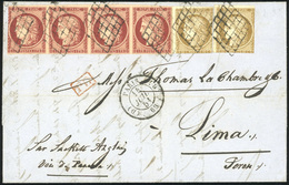 O N°61 - Bande De 4 Du 1F. Carmin + 10c. Bistre X 2 Obl. Grille S/lettre Frappée Du CàD De PARIS (60) Du 14 Juillet 1854 - 1849-1850 Cérès