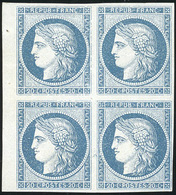 ** N°8b - 20c. Bleu S/azuré. Bloc De 4. BdeF. 3 Timbres Sans Charnière. Parfait. 1 Timbre Défectueux. SUP. RR. - 1849-1850 Ceres