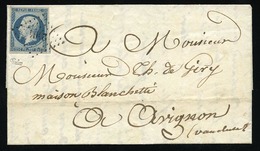 O N°10 - 25c. Bleu Obl. PC 2404 S/lettre Frappée à Destination D'AVIGNON - VAUCLUSE. Arrivée Le 7 Mai 1853. SUP. - 1852 Luis-Napoléon