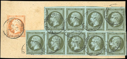 O N°1116 - 1c. Olive Bande De 5 Et Bande 4 + 40c. Orange Obl. CàD Du 12 AOUT 1861 Sur Fragment. SUP. - 1853-1860 Napoléon III.