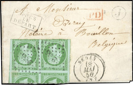 O N°12 - 5c. Vert. Bloc De 4 Coupé En Deux Car Ayant Servi à Fermé La Lettre Obl. PC 2835 Sur Lettre Au Tarif Frontalier - 1853-1860 Napoleone III