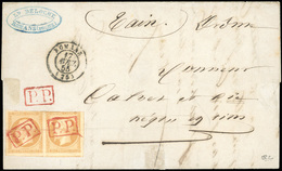 O N°13A - Paire Du 10c. Bistre (déf.) Obl. Cachet ''P.P.'' En Rouge, S/lettre Frappée Du CàD De ROMANS Du 17 Avril 1855  - 1853-1860 Napoléon III