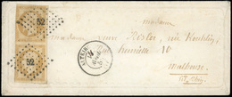 O N°13Ax 2 - Paire Verticale Du 10c. Bistre-jaune (déf.) Obl. PC 52 S/valentine Avec Texte, Frappée Du CàD D'ALTKIRCH Du - 1853-1860 Napoléon III.