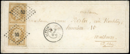 O N°13Ax 2 - Paire Verticale Du 10c. Bistre-jaune (déf.) Obl. PC 52 S/valentine Avec Texte, Frappée Du CàD D'ALTKIRCH Du - 1853-1860 Napoleone III