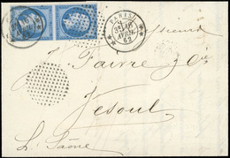 O N°14 - Paire Verticale Du 20c. Bleu Obl. Cachet Cercle De Points Et CàD S/lettre Frappée Du CàD De ** PARIS ** Du 16 A - 1853-1860 Napoleon III