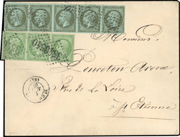 O N°19x5 + 20x3 - Bande De 5 Du 1c. Bronze + Bande De 3 Du 5c. Vert Obl. GC 3540 S/lettre Frappée Du CàD De ST-CHAMOND M - 1862 Napoléon III.