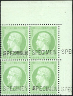 ** N°20f - 5c. Vert. Surcharge ''SPECIMEN''. Bloc De 4. Coin De Feuille. SUP. - 1862 Napoléon III