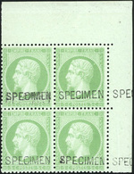 ** N°20f - 5c. Vert. Surcharge ''SPECIMEN''. Bloc De 4. Coin De Feuille. SUP. - 1862 Napoleone III