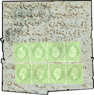 O N°20 - 5c Vert. 2 Bandes De 4 Obl. GC 5089 En Bleu Sur Lettre Frappée Du CàD De JAFFA En Bleu Du 10 Février 1872 De La - 1862 Napoléon III.