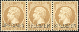 ** N°21c - 10c. Bistre Foncé. Bande De 3. Surcharge ''SPECIMEN'' Avec Les 3 Types De Surcharge. SUP. - 1862 Napoléon III