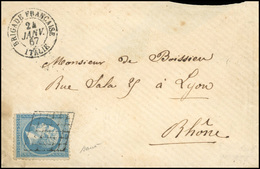 O N°22 - 20c. Bleu Obl. Grille S/lettre Frappée Du CàD De La BRIDAGE FRANCAISE - ITALIE Du 24 Janvier 1867 à Destination - 1862 Napoléon III