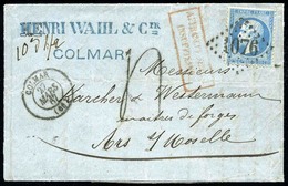 O N°22 - 20c. Bleu Obl. GC 1076 S/lettre Taxée Frappée Du CàD De COLMAR Du 27 Mars 1867et Du Cachet Rouge ''AFFRANCHISSE - 1862 Napoléon III