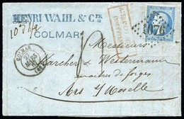 O N°22 - 20c. Bleu Obl. GC 1076 S/lettre Taxée Frappée Du CàD De COLMAR Du 27 Mars 1867et Du Cachet Rouge ''AFFRANCHISSE - 1862 Napoleone III